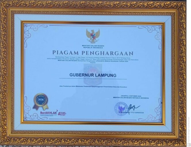 
					Berhasil Membina Desa dan Kelurahan, Pemprov Lampung Diganjar Penghargaan Upakarya Wanua Nugraha dari Mendagri