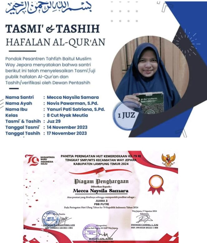 
					Mecca Naysila Samara, Putri Inspiratif dari Lampung Timur yang Berprestasi di SMP IT Baitul Muslim